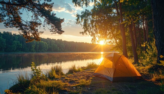 A camping tent sits by a calm lake during a beautiful sunset.