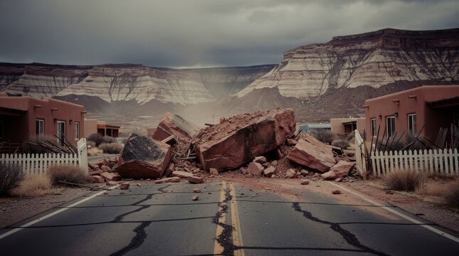 Large rockslide blocks a residential road in a desert valley. Boulders crush a fence between adobe homes. Natural disaster concept for insurance, emergency, and geological safety campaigns.