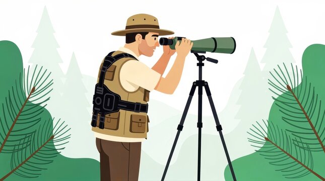 Man looking through spotting scope on a tripod in nature. Explorer or ornithologist observing wildlife in a pine forest. Birdwatching concept for environmental and travel marketing.