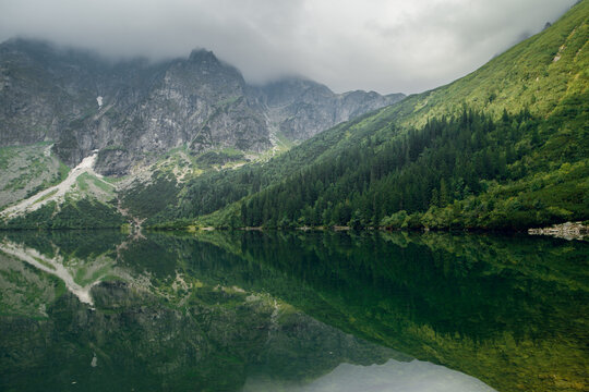 Morskie Oko lake reflection in the Tatra Mountains, Poland