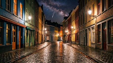 Fototapeta premium Cobblestone Street with Historic Buildings Under Starry Night Sky