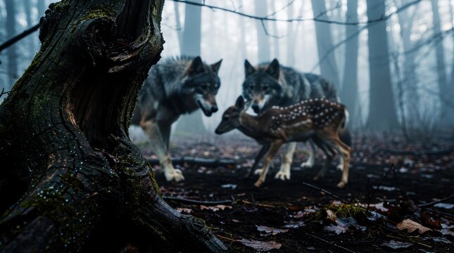 Two wolves approaching a fawn in a dark misty forest. Wild predators hunt young deer amidst foggy trees and gnarled bark. Nature survival and wildlife drama concept for cinematic storytelling.