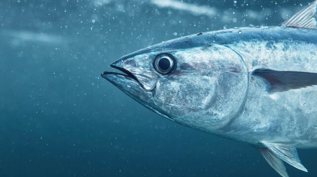 Underwater close-up of a solitary fish swimming gracefully in the ocean with shimmering bubbles and blue water background