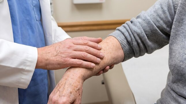 A healthcare professional gently examines the arm of a senior person in a clinical setting.