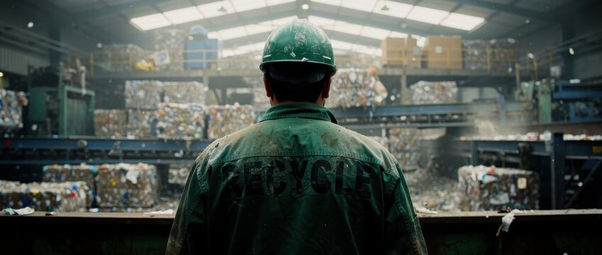Worker in hard hat looks over a waste management facility. Employee standing in a recycling plant filled with compressed waste bales. Sustainability and environmental protection concept.
