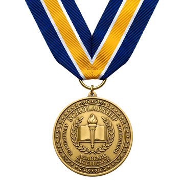 Gold scholarship medal for academic excellence. Golden award with blue and yellow ribbon. Education trophy for student achievement.