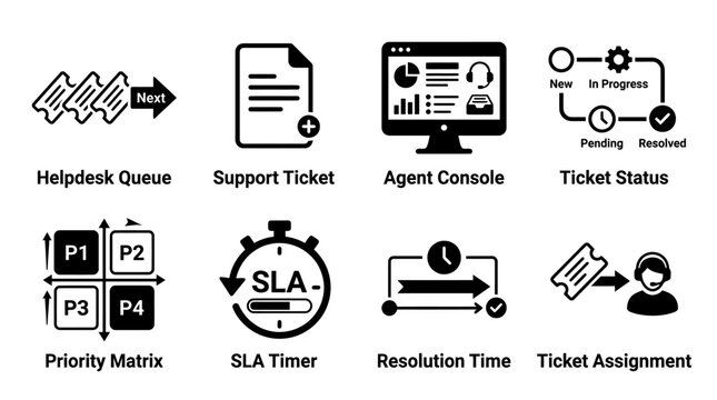 Set of black helpdesk queue support ticket agent console status priority matrix sla timer resolution time and assignment icons with helpdesk priority resolution assignment customer management