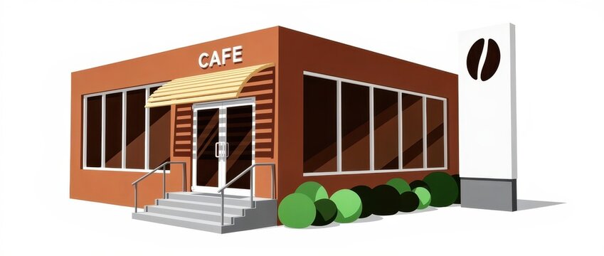 3D render of a modern cafe building with brown walls and large glass windows. Coffee shop exterior featuring a striped awning and minimalist landscaping. Business branding and hospitality concept.