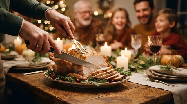 Man Carving Roasted Turkey for Multi-Generational Family During Festive Christmas or Thanksgiving Dinner Celebration at Home