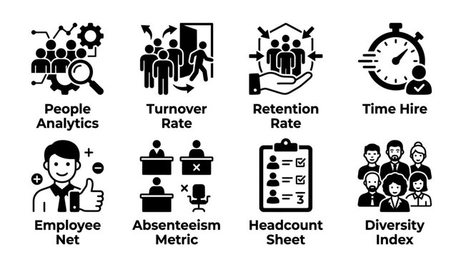 Set of corporate human resources icons showing people analytics turnover rates retention rates time to hire employee net promoter scores absenteeism metrics headcount sheets diversity indexes