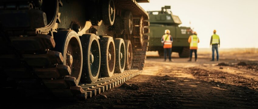 Close-up of armored vehicle tracks moving through dust. Military personnel in safety vests stand near a tank at sunset. Defense logistics concept, ideal for security and technology editorials.