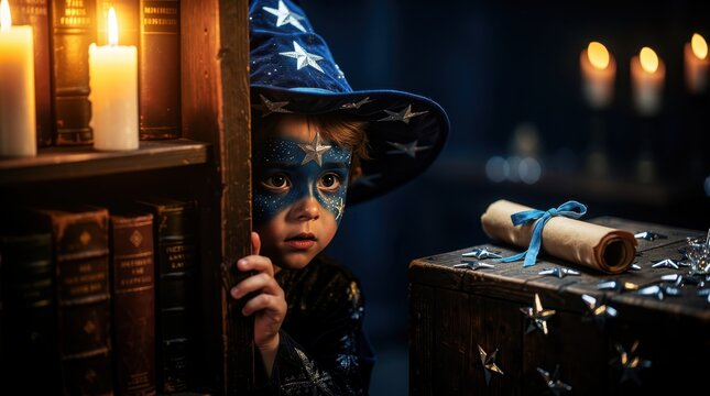 Child wizard peeking from behind a bookshelf in a dark library. Little boy with starry face paint wearing sorcerer hat among candles and scrolls. Magic curiosity concept for fantasy storytelling.