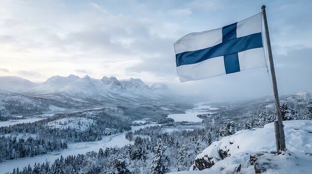 Finnish Flag Placed on Snowy Cliff Overlooking Mountain Valley