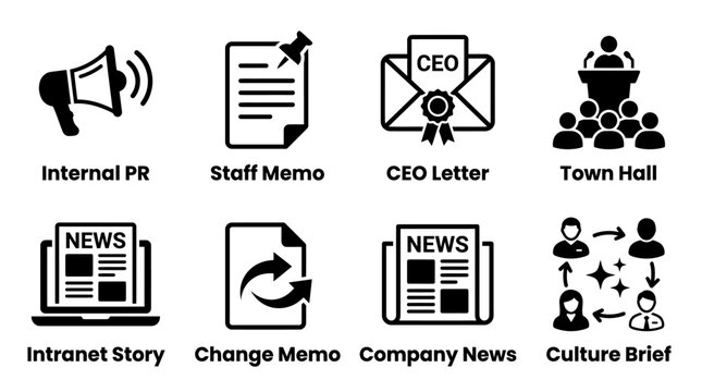 Set of black corporate communication and internal pr icons featuring staff memos ceo letters town hall meetings internal intranet business collection corporate communication relations