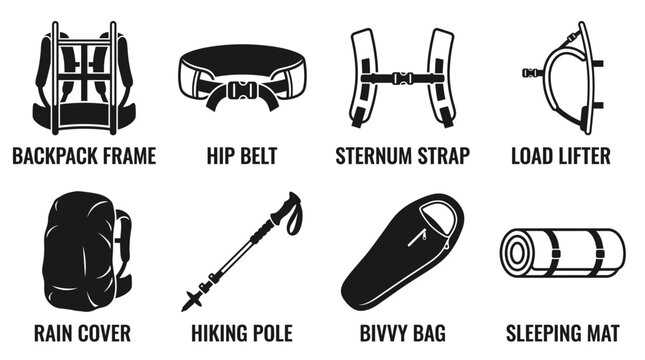 Backpack parts and hiking equipment gear icons set showing backpack frame hip belt sternum strap load lifter rain cover hiking pole bivvy bag and sleeping mat with backpack sleeping equipment
