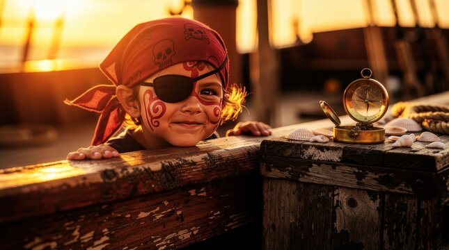 Child dressed as a pirate smiling on a wooden ship deck at sunset. Young boy in costume looks over railing next to a brass compass. Childhood adventure and roleplay concept for travel marketing.
