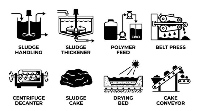Sludge handling and wastewater disposal icons set showing sludge thickener polymer feed belt press centrifuge decanter sludge cake drying bed and cake conveyor with handling wastewater disposal