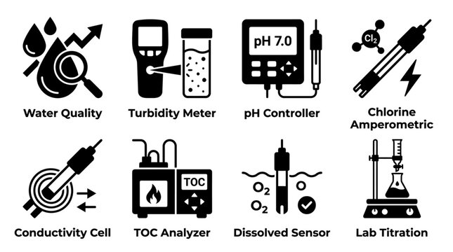 Water quality and testing equipment icons including turbidity meter ph controller and conductivity cell with turbidity controller chlorine amperometric conductivity analyzer dissolved titration