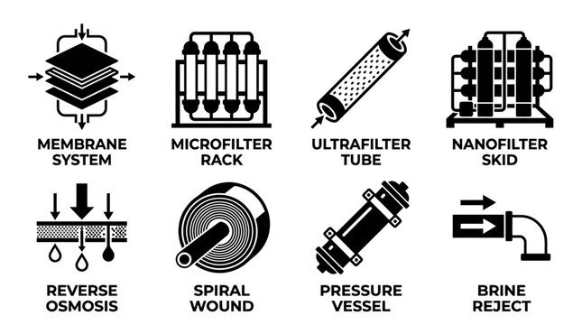 Advanced water filtration membrane icons set showing membrane system microfilter rack ultrafilter tube nanofilter skid reverse osmosis spiral wound pressure vessel and brine reject with filtration