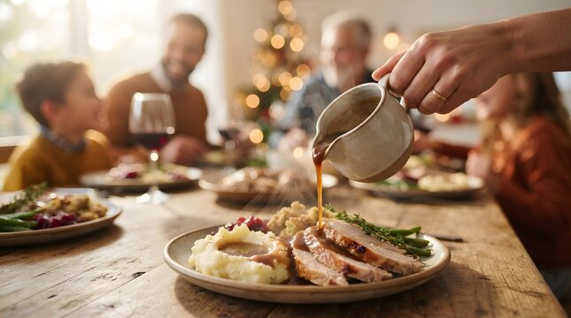 Close up of hand pouring savory gravy on roasted turkey slices and mashed potatoes for Thanksgiving or Christmas holiday family dinner