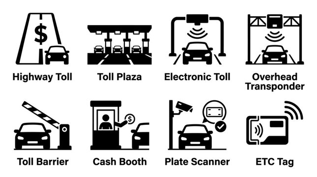 Set of black and white icons representing highway toll plaza electronic toll overhead transponder toll barrier cash booth plate scanner etc tag with electronic overhead transponder technology