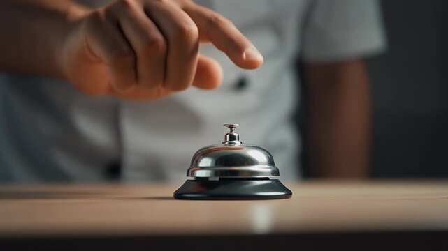 A finger presses a service bell on a wooden surface.