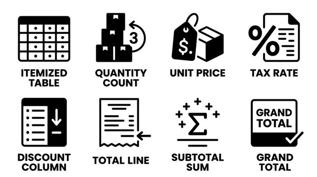 Set of itemized table and tax rate invoice financial vector icons with itemized quantity discount subtotal business document percentage calculation checkmark commerce shopping accounting