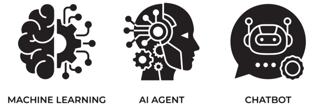 Machine learning, AI agent, and chatbot icons representing artificial intelligence and automation.