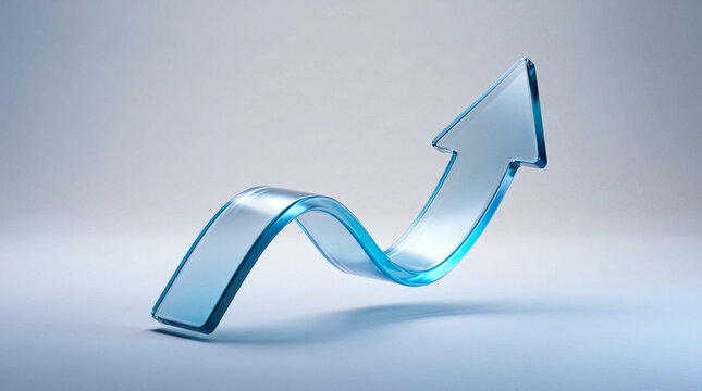 Rising glass arrow symbol pointing upwards against light blue background represents business growth and success path.