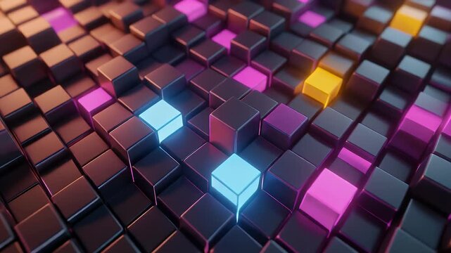 Abstract 3D cube pattern with vibrant neon lighting.