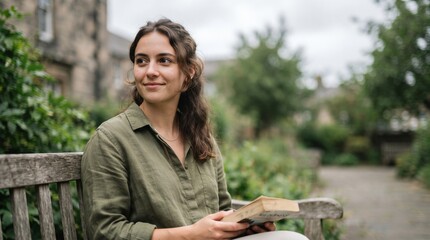 Fototapeta premium Young woman smiling while holding a book on a wooden bench in a garden 