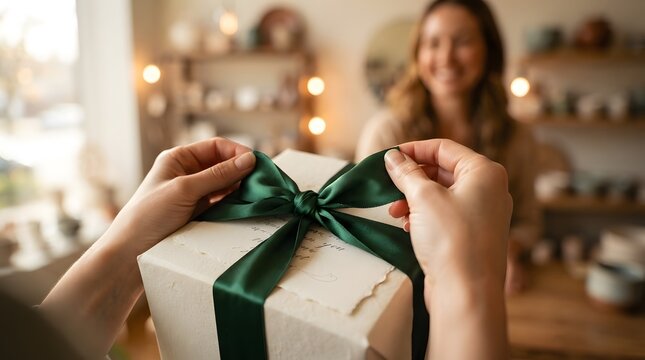 Close up of hands tying a dark green silk ribbon on a white gift box in a cozy boutique shop interior