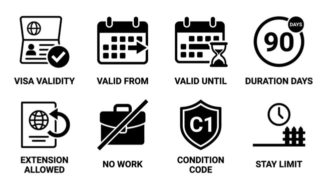 Set of visa validity and stay condition black and white glyph icons indicating time limits and work restrictions with validity duration extension condition passport calendar hourglass briefcase