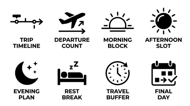 Set of black and white travel timeline and schedule icons featuring departure count morning block afternoon slot evening plan rest break travel buffer and final day timeline departure afternoon