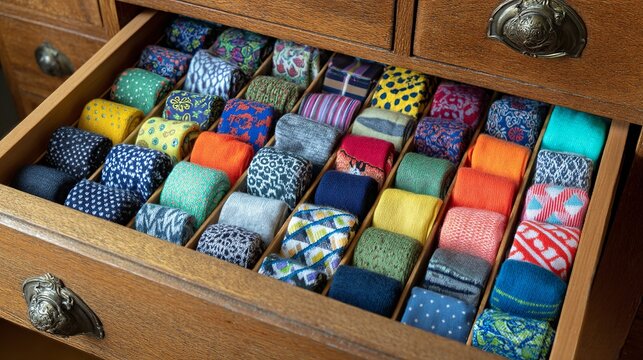 Colorful rolled socks neatly organized inside a wooden drawer, displaying patterns and textures for a stylish concept