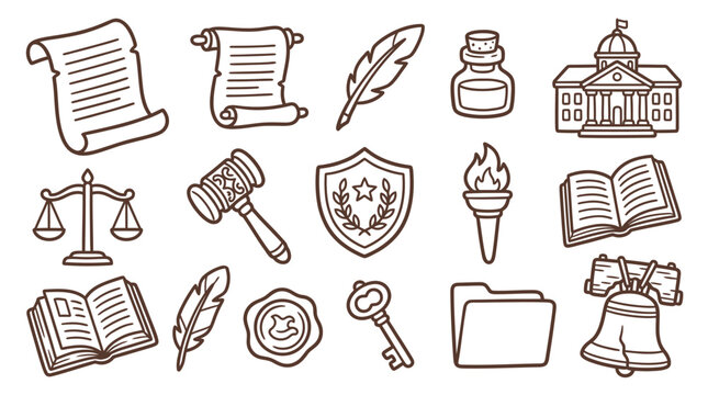 A collection of line art icons representing legal and governmental concepts, including scales of justice, gavels, scrolls, and buildings.