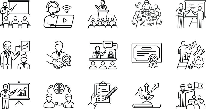 Professional Training Methods and Development Concepts Icon Set Collection
