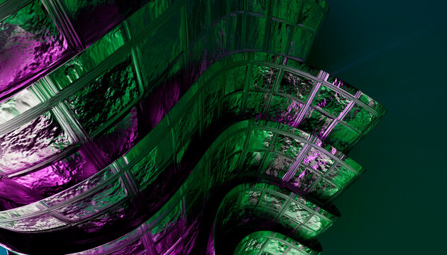 Abstract sculpture with curved metallic green and purple reflective