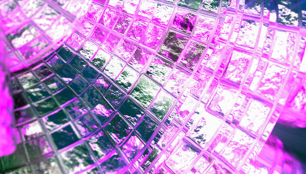 Close-up view of textured glass blocks under pink lighting