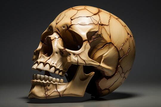 Wooden skull sculpture with cracks and a broken appearance presented on a dark background