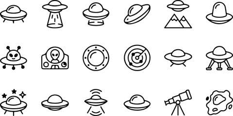 Set of ufo and alien icons, including flying saucers, extraterrestrial beings, radar, and telescope, thin line style vector illustration © Shultana
