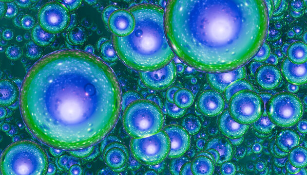 Blue and green glowing 3d spheres clustered in an abstract pattern