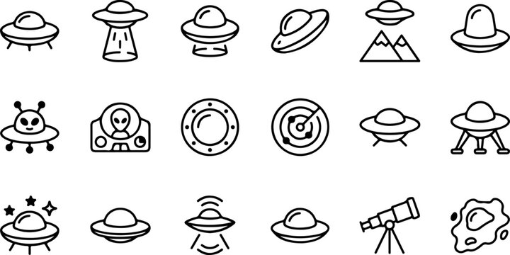 Set of ufo and alien icons, including flying saucers, extraterrestrial beings, radar, and telescope, thin line style vector illustration
