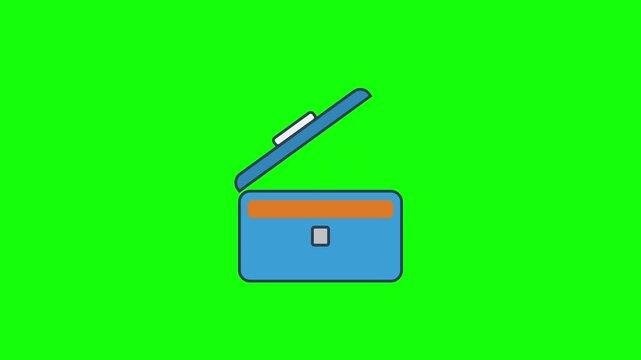 Minimalist 2D vector illustration of an open blue trunk or suitcase with an orange accent stripe, glowing green light particles emerging from the interior, set against a solid green background.