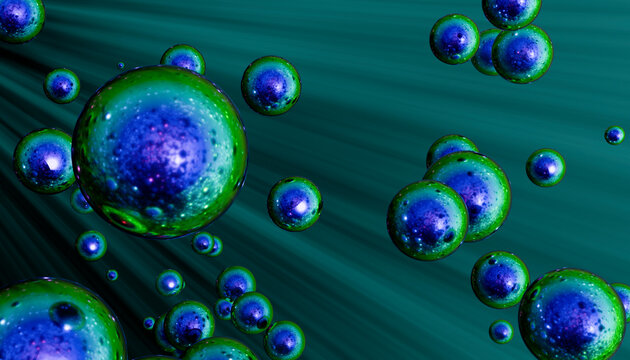 Blue and green shiny spherical orbs floating