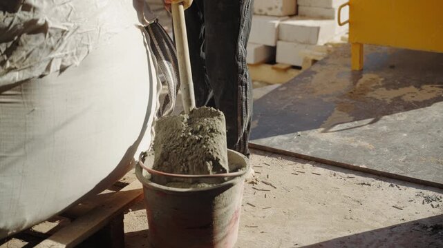 Construction worker shoveling cement mixture at building site