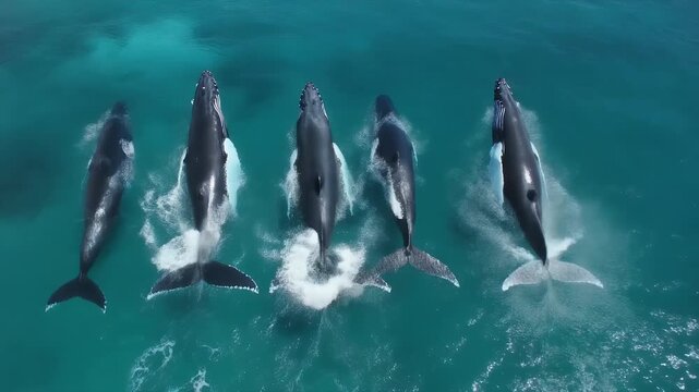 An aerial view captures a pod of humpback whales swimming together in the ocean.
