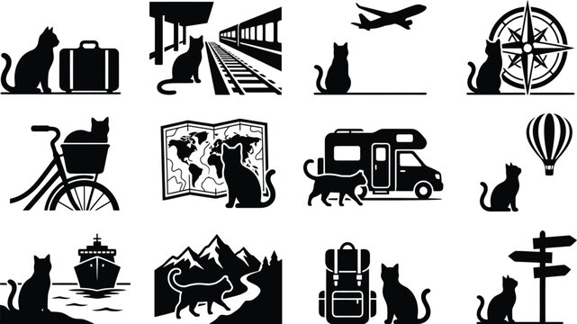 Travel themed black cat silhouettes with suitcase, train, airplane, compass, bicycle, map, camper, balloon, ship, mountains, and backpack on white
