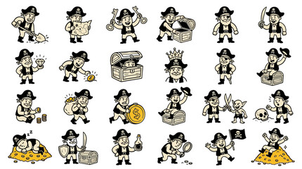 Fototapeta premium Pirate character collection set with treasure chest gold coins and adventure elements vector