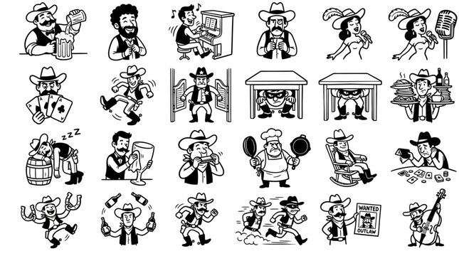 Wild west saloon character icons set featuring cowboys outlaws and sheriff in cartoon line art